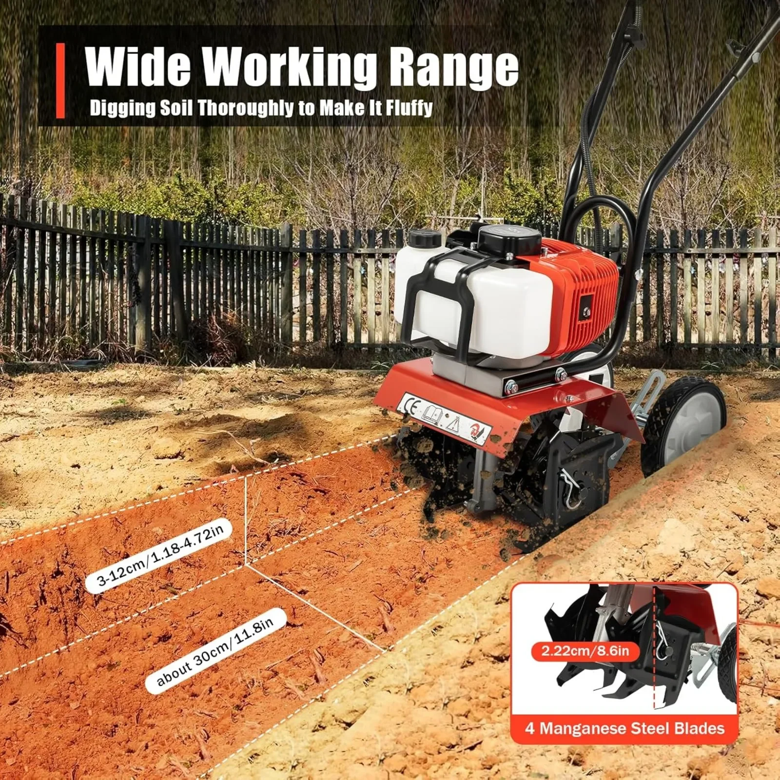 1650W 52CC 2-Stroke Gas Powered Garden Tiller Cultivator Rototiller with Widened Mud Flap Garden Tool