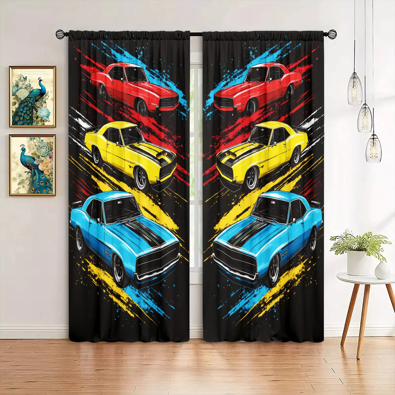 Classic Muscle Car Curtain, Vintage Sports Auto Print Drape, Racing Theme Window Treatment for Boys Bedroom Living Room Decor