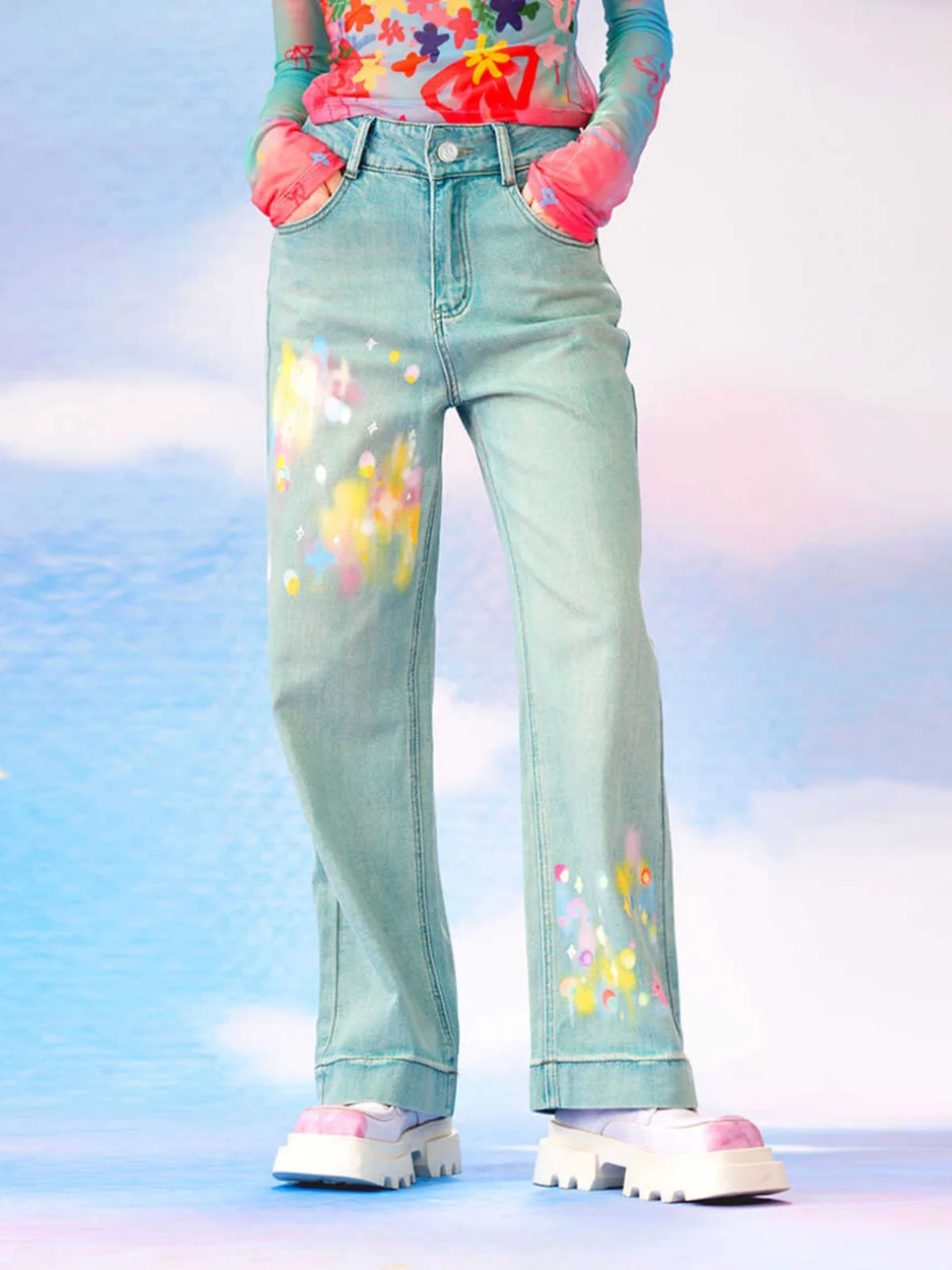 

Джинсы Monssstar с оригинальным принтом, широкие, прямого кроя, с вышитым узором, повседневные брюки из денима