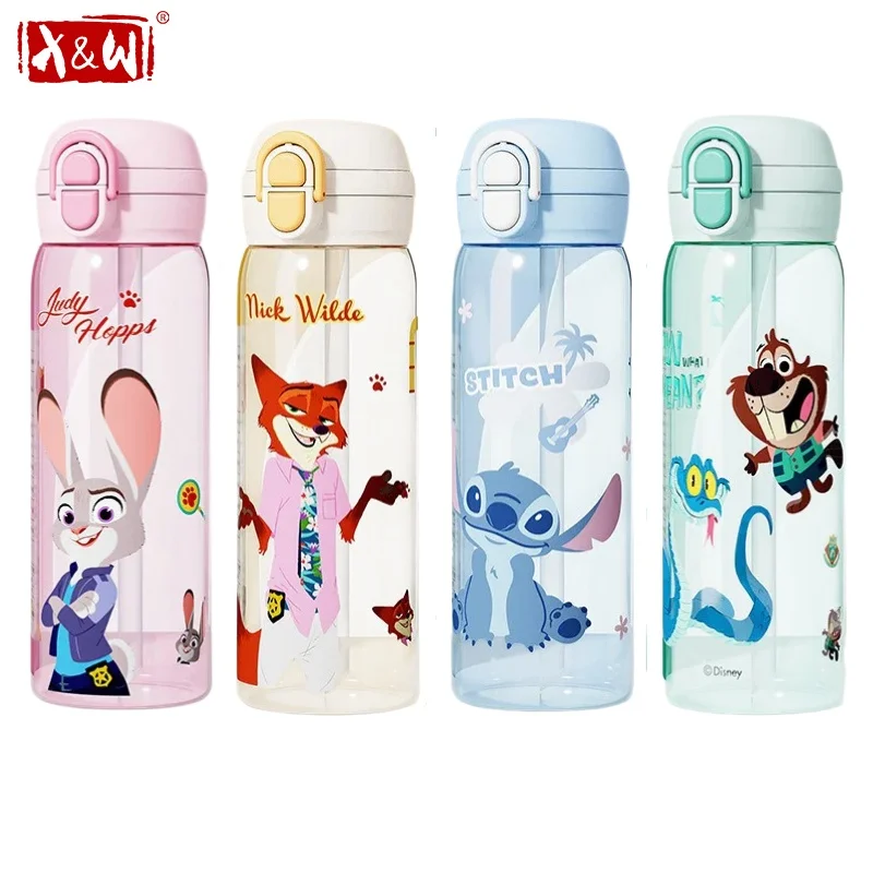 X&W for Disney 580ml Sports Bottles for Kids BPA-free Tritan Space Water Cups Cartoon Judy Nick Straw Double Drinking Cup Gifts