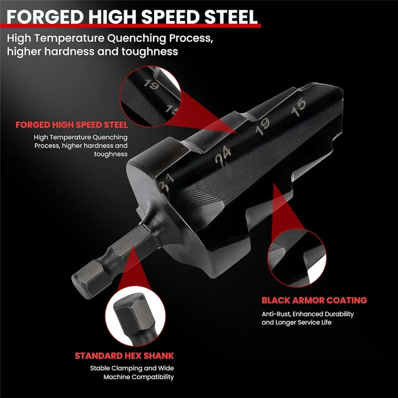 ABDJ-PPR 리프팅 스텝드 드릴 비트 리머 3 in 1 키트 (15~31mm 파이프용) - 1/4 헥스 샹크 퀵 체인지 툴 세트