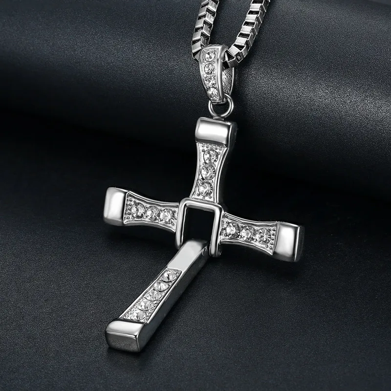 316L stainless steel Fast Furious Movies Actor Dominic Toretto Rhinestone Cross gold color Pendant Chain Necklace Men Jewelry