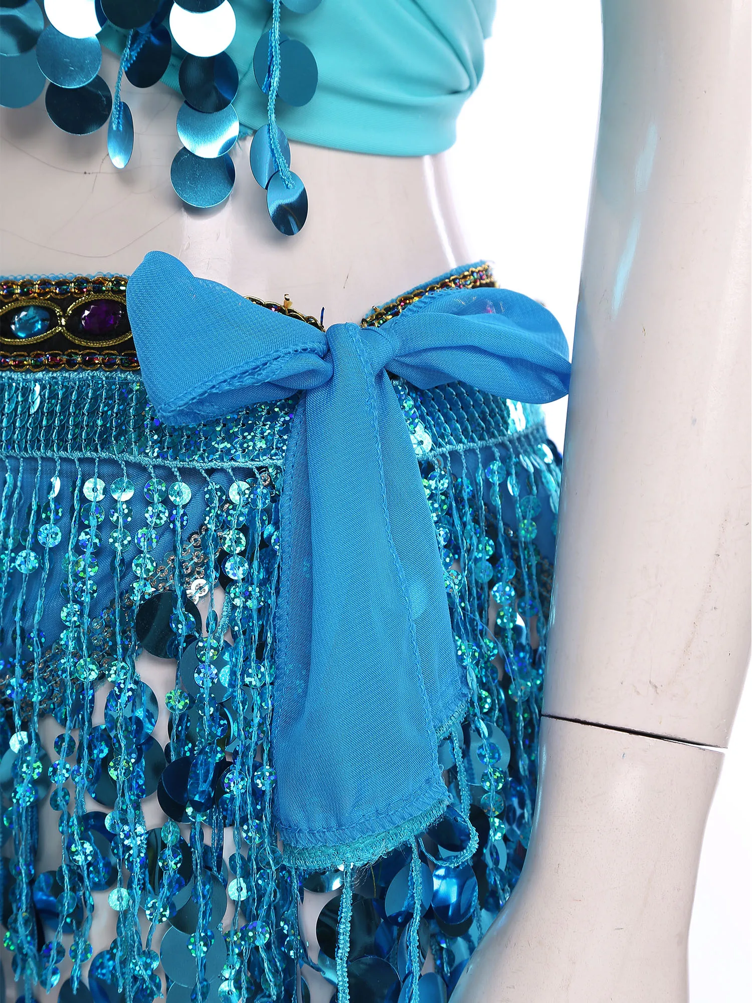 Women Shiny Belly Dancing Outfit Tassel Sequin Halter Crop Top with Fringe Hip Scarf Carnival Theme Party Performance Costume