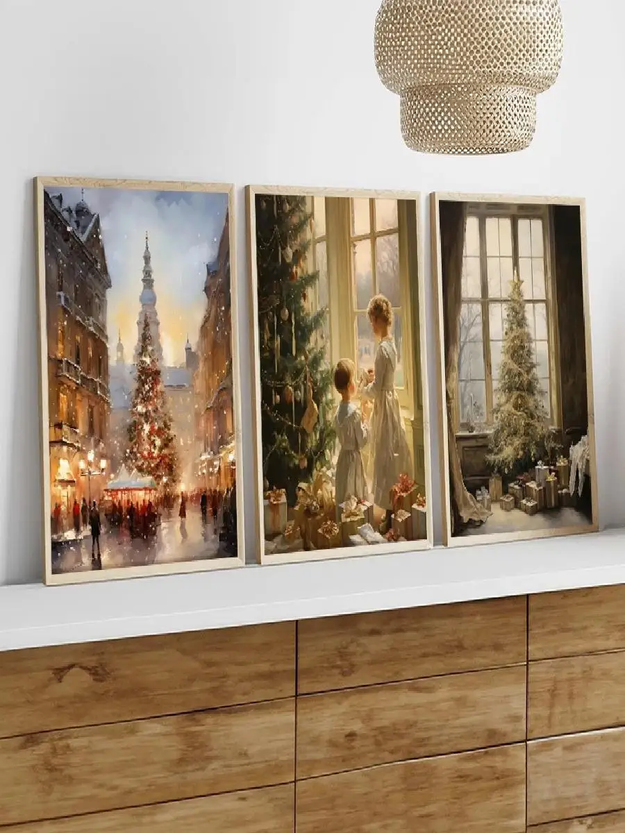 1pc Frameless Retro Christmas Wall Art Canvas Painting  Winter Santa Elk Snowman Tree Gifts Home Decor