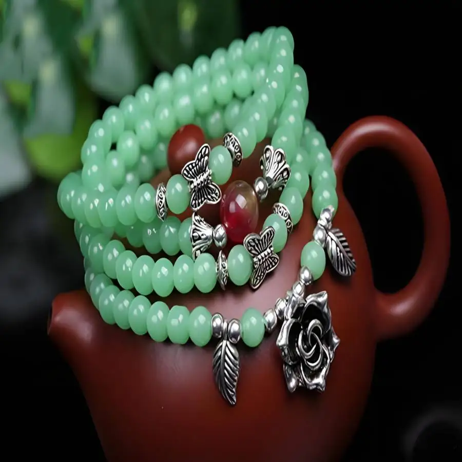 

Handmade green jade beads 108 bracelet,men's cuff button bracelet,Ramadan prayer bead,women's meditation,holiday gift,daily wear