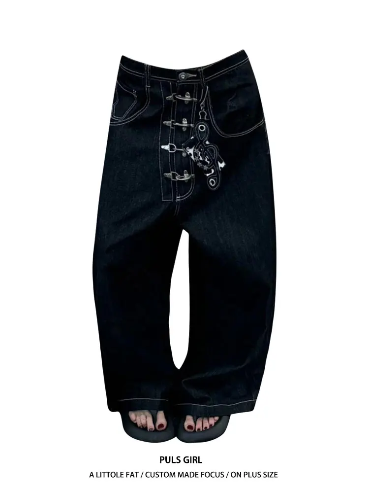 

Street Style Vintage High Waist Wide Leg Jeans Women's plus Size Aircraft Buckle Denim Pants Drapey Shape Casual High Waist