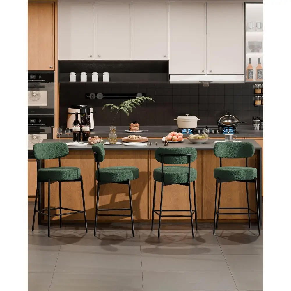 

Bar Stools Set of 4,Green Modern Counter Height Bar Stools,24 Inches holstered Boucle Barstools with Curved Back Metal Legs f