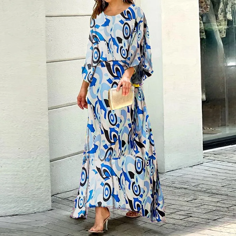 

2026 Women's Clothing Dress Printed Long-sleeved Top High Waist Half Body Large Size Long Dress Set European and American Style
