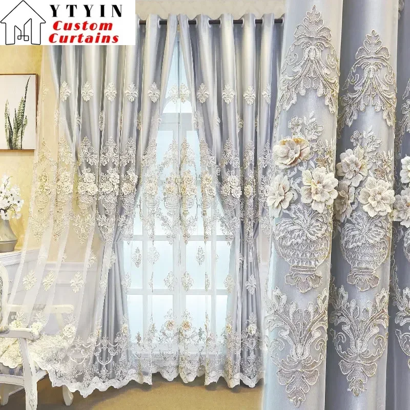 

Luxury Custom Embroidered Double-Layer Semi-Blackout Curtains European for Living Room and Bedroom Custom Size Curtains Decor