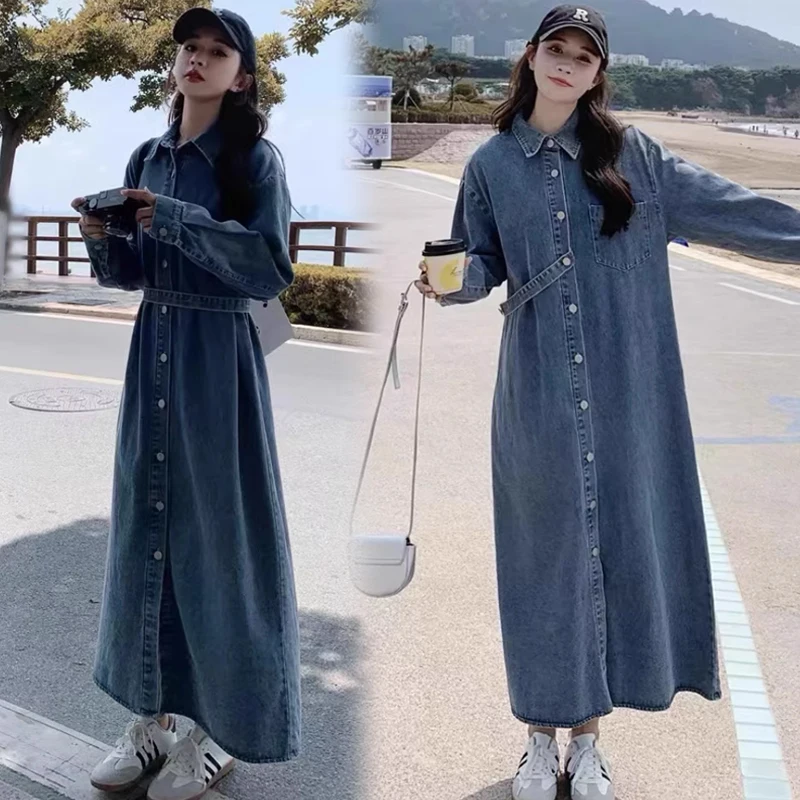 Vintage sle longo sve denim dr solto casual irt dr efeito de emagrecimento feminino primavera outono faion commute dr