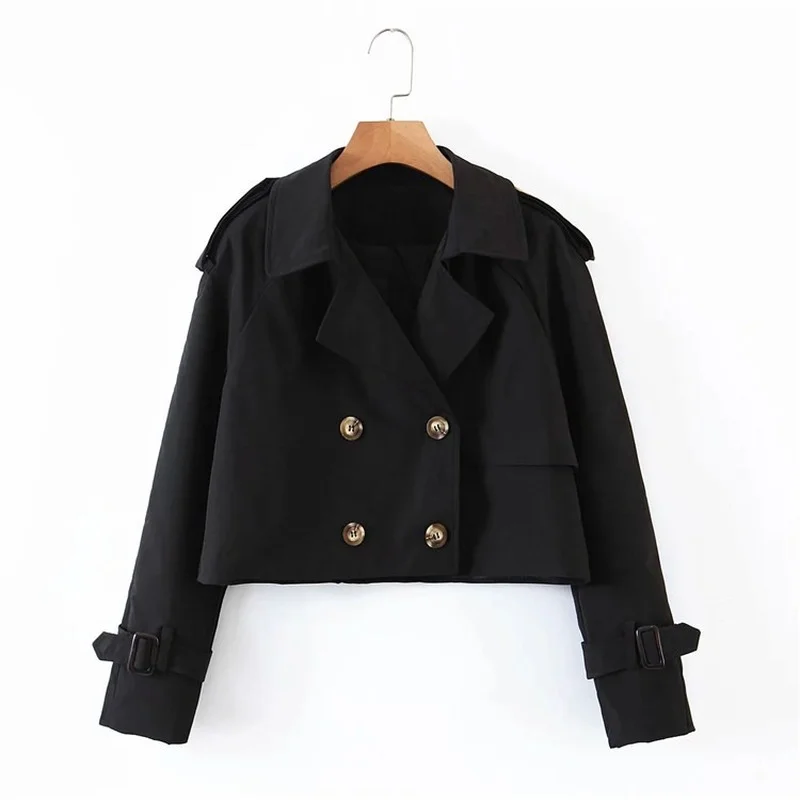 

Women Spring Autumn New Fashion Slim Windbreaker Office Lady Simple Casual Short Trench Sweet Solid Color Double Breasted Jacket