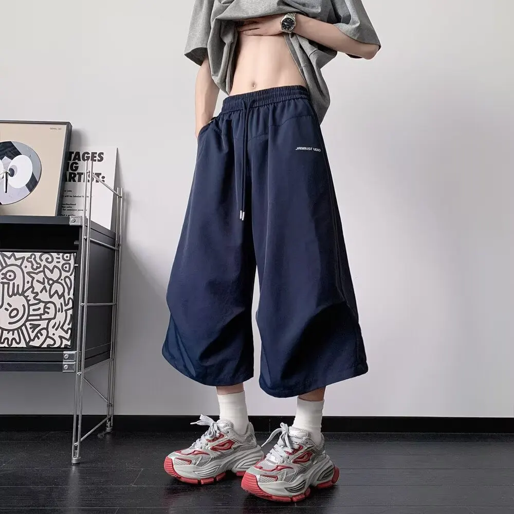 2026 Summer New Plus Size Men Ice Silk Quick Dry Pleated Cargo Pants Loose Seven Points Curved Casual Daily Thin Trousers
