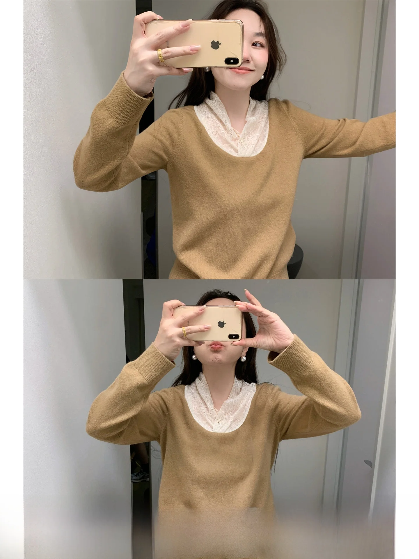 

W-THEWANGS Красивый женский топ из мериносовой шерсти с V-образным вырезом и кружевной отделкой, вязаный, с длинным рукавом, повседневный, теплый, зимний, трикотаж, для ношения под одеждой