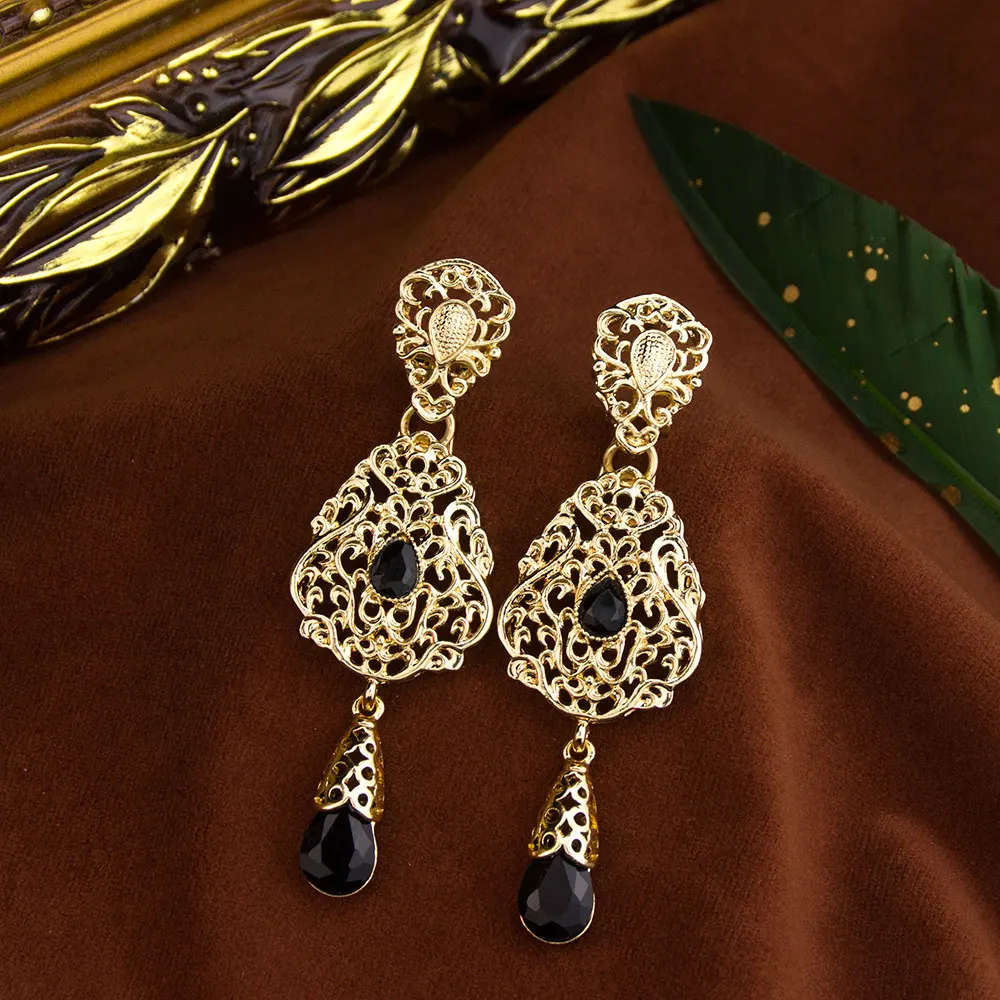 Sunspicems Moroccan Earrings Women\'s Wedding Jewelry Crystal Hollow Water Droplet ShapePendant Traditional Arab Wedding Jewelry