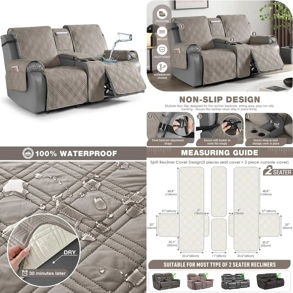 

Waterproof Pet-Friendly Recliner Cover with Center Console for Dual Recliners, Straps Design, Split Recliner Cover for Protectio
