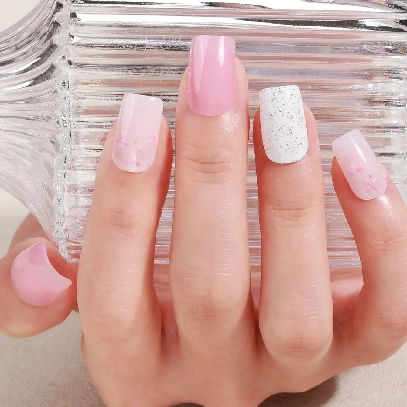 16Tips French Full Cover Nail Stickers Glitter Sequin Flowers Nail Polish Strips Sparkling Self Adhesive Manicure Decoration