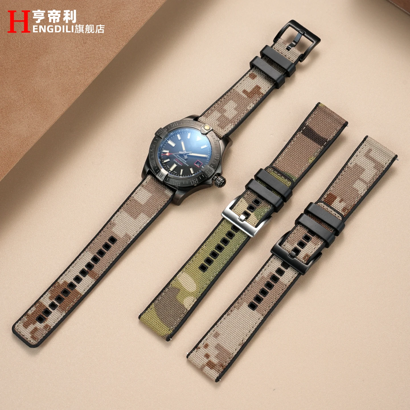 Camouflage Canvas Top with Silicone Back Strap 22mm 24mm Rugged Watch Band For Breitling Avenger Panerai Luminor Submersible