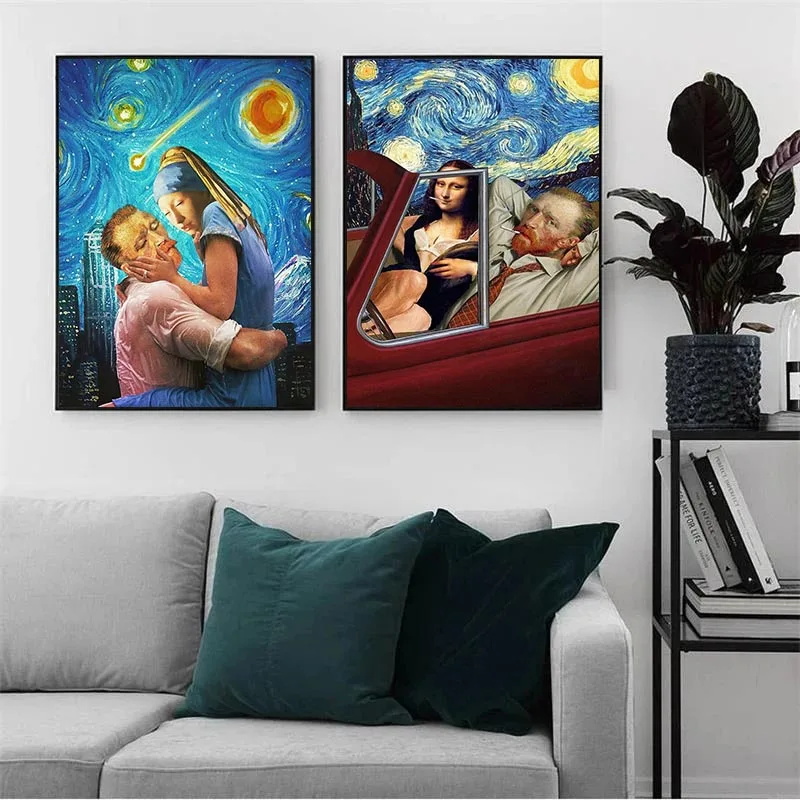 

Funny Van Gogh and Mona Lisa Posters and Prints Canvas Paintings Wall Art Pictures for Living Room Home Decoration Cuadros