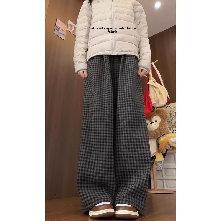Plones Anchos de Terciopelo ueso a Cuadros Retro ises para Mujer, Estilo Coreano, Cintura Alta, Corte Recto, Fibra de...