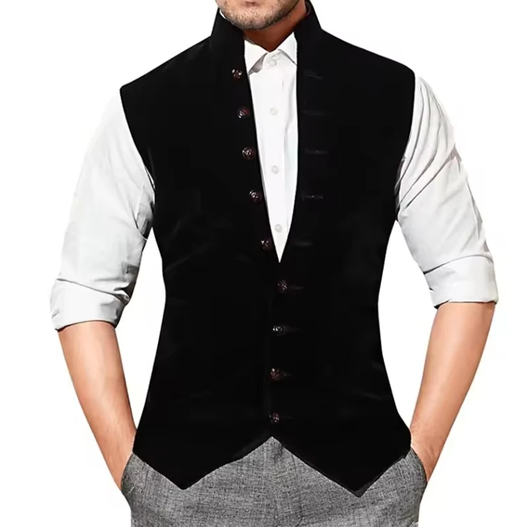 Men's Suit Vest Velvet Groom Stand up Collar Single Breasted Wedding Vest Slim Fit Sleeveless Steampunk Vest for Men Waistcoat