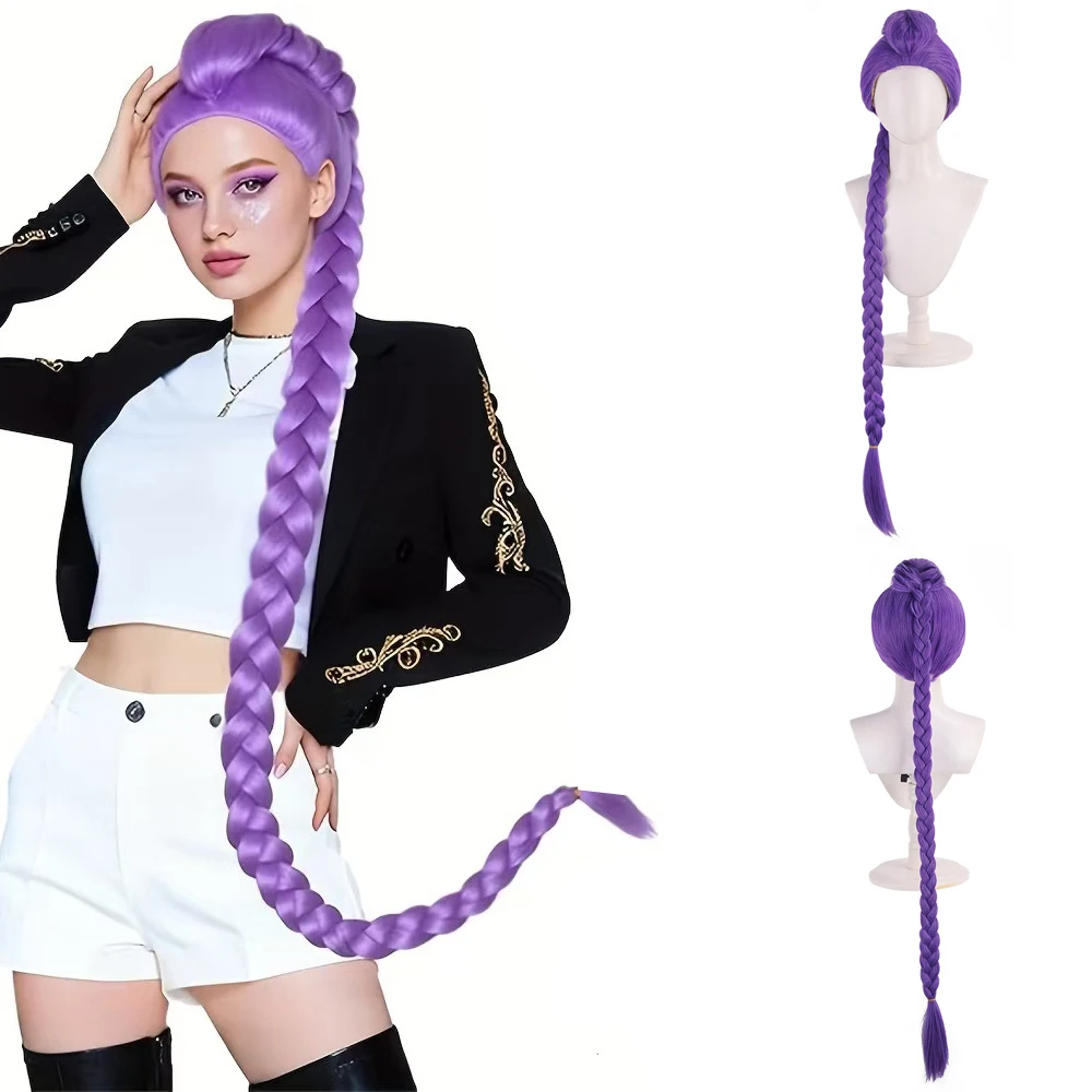 Perruque de Cosplay synthétique violette Rumi Lumi, couvre-chef + queue de cheval détachable de 120 Cm, perruque résistante à la chaleur pour fête quotidienne d'halloween