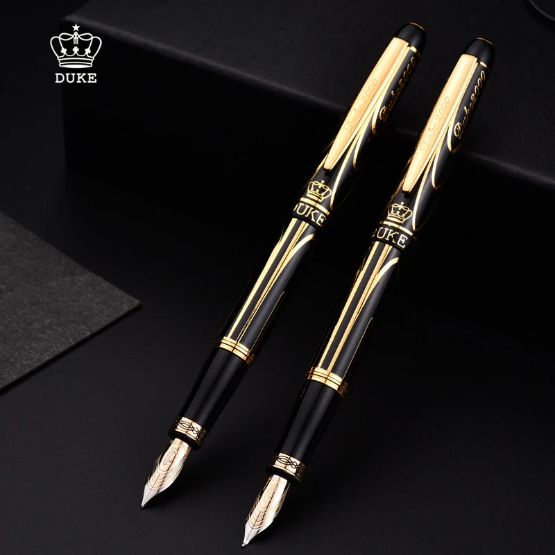

Duke Exquisite Pioneer 14K Gold Fountain Pen Advanced Chromed Golden & Black Lines Fine Point 0.5mm Collection Pen With Box