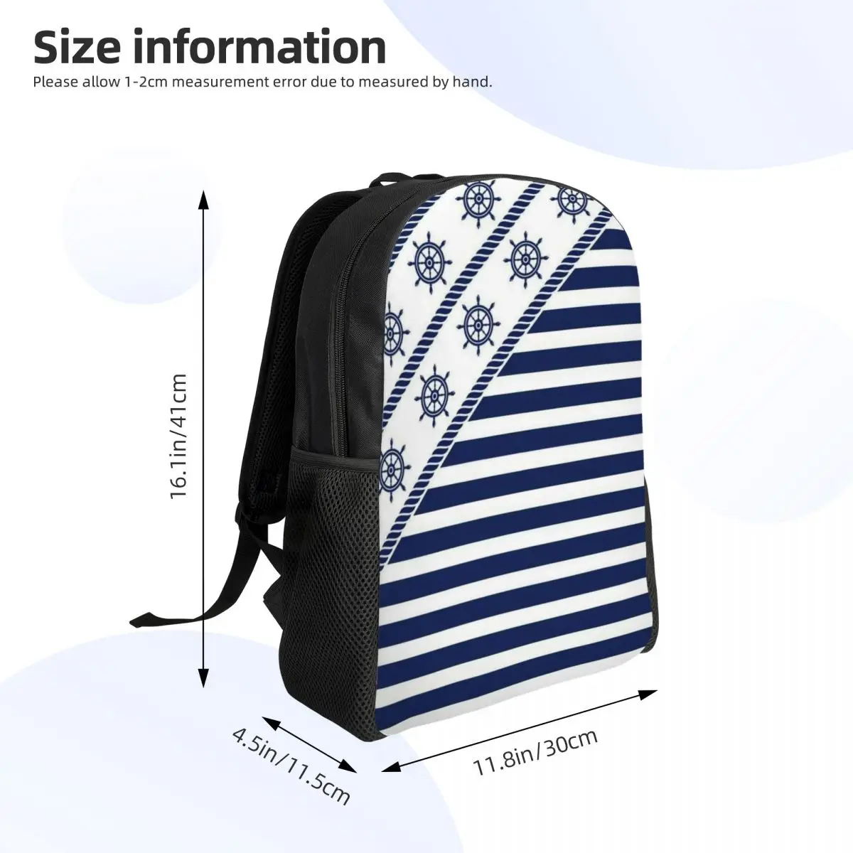 Custom Nautical Wheel Navy Blue Stripes Laptop Backpack Women Men Fashion Bookbag for School College Students Bags