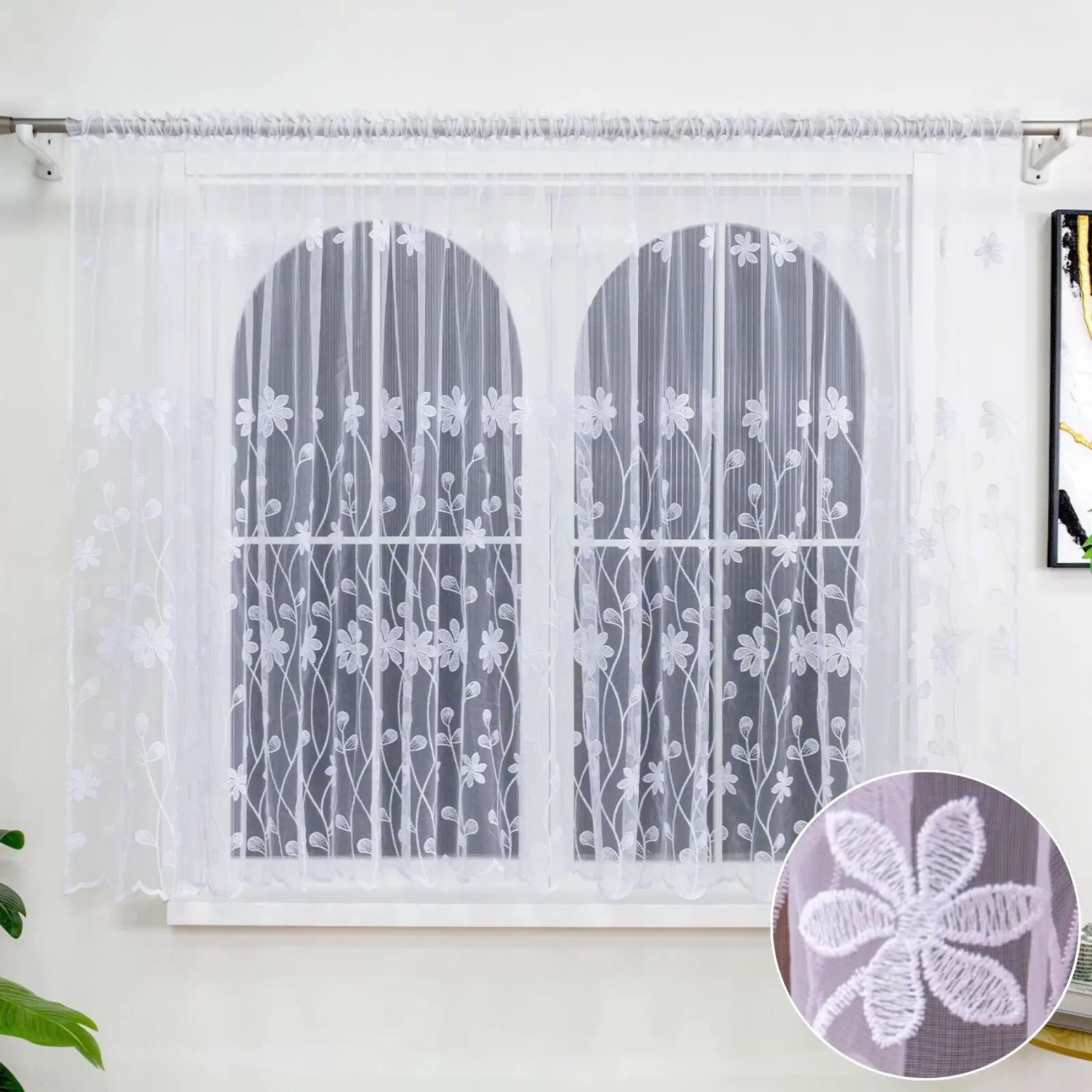 1PC Floral Embroidered Sheer Curtain Semi Translucent, Multi Use For Kitchen Living Room And Bedroom, Lovely Housewarming Gift