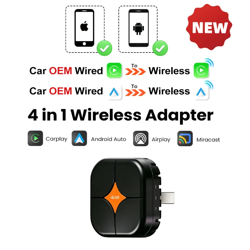 4-in-1 Wireless CarPlay Adapter Mini USB Dongle Support Android Auto AirPlay MirrorLink WiFi Bluetooth Auto Connect view 5