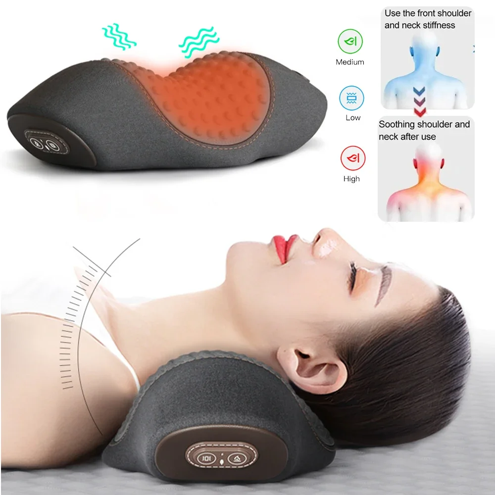 Masajeador eléctrico para cuello y cervicales, almohada con calefacción, vibración, masaje de tracción para la espalda, espuma viscoelástica para