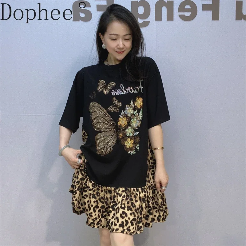 New Spring Summer Leopard Stitching Short Sleeve Dress Butterfly Hot Drilling Loose O-neck Pullover Top Mid-long Casual Dress