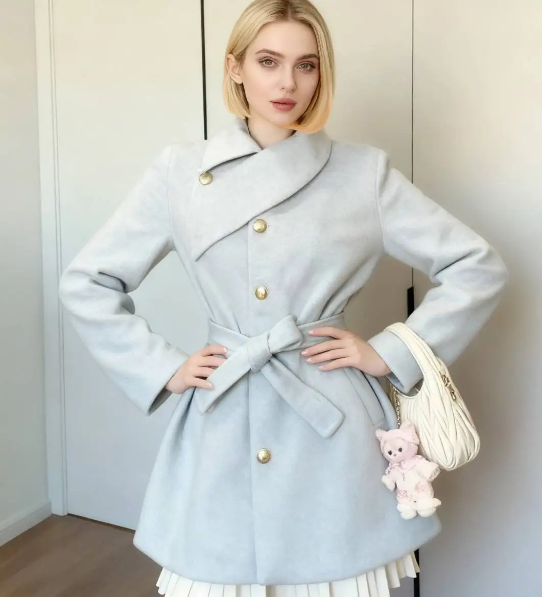 

Wool Blend Coats Womens Woolen Coat Print Autumn Herringbone Stand-Up Collar Elegant Mature Parisian Style Office Lady Overcoats