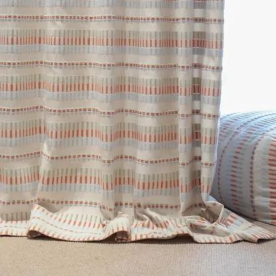 Boho Color Striped Embossed Curtains, Cream Linen Texture Semi Blackout Window Drapes for Bedroom Nursery