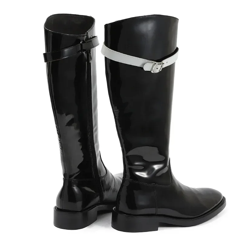 Men's Cowhide Shiny Leather Black Long Barrel High Boots Over Knee Knight Boots