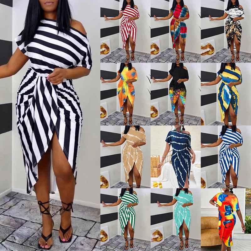 Casual Retro Waistband Woman's Dress Striped Printed Short Sleeve Dress Summer Elegant Sexy Irregular Oblique Collar Wrap Dress image 6