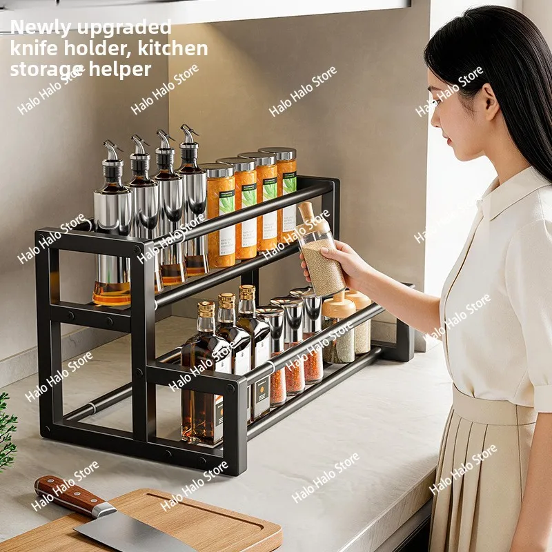 Retractable kitchen seasoning rack Double-layer shelf Steel frame Stable load-bearing storage rack Multifunctional seasoning
