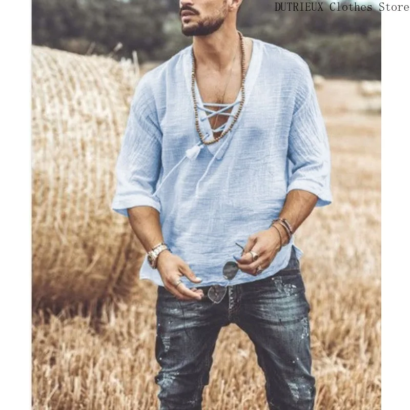 Men's V-neck Lace-up Mid-sleeve Shirt Large Size Cotton and Linen Breathable T-shirt Spring and Summer Casual Outdoor Clothing image 2