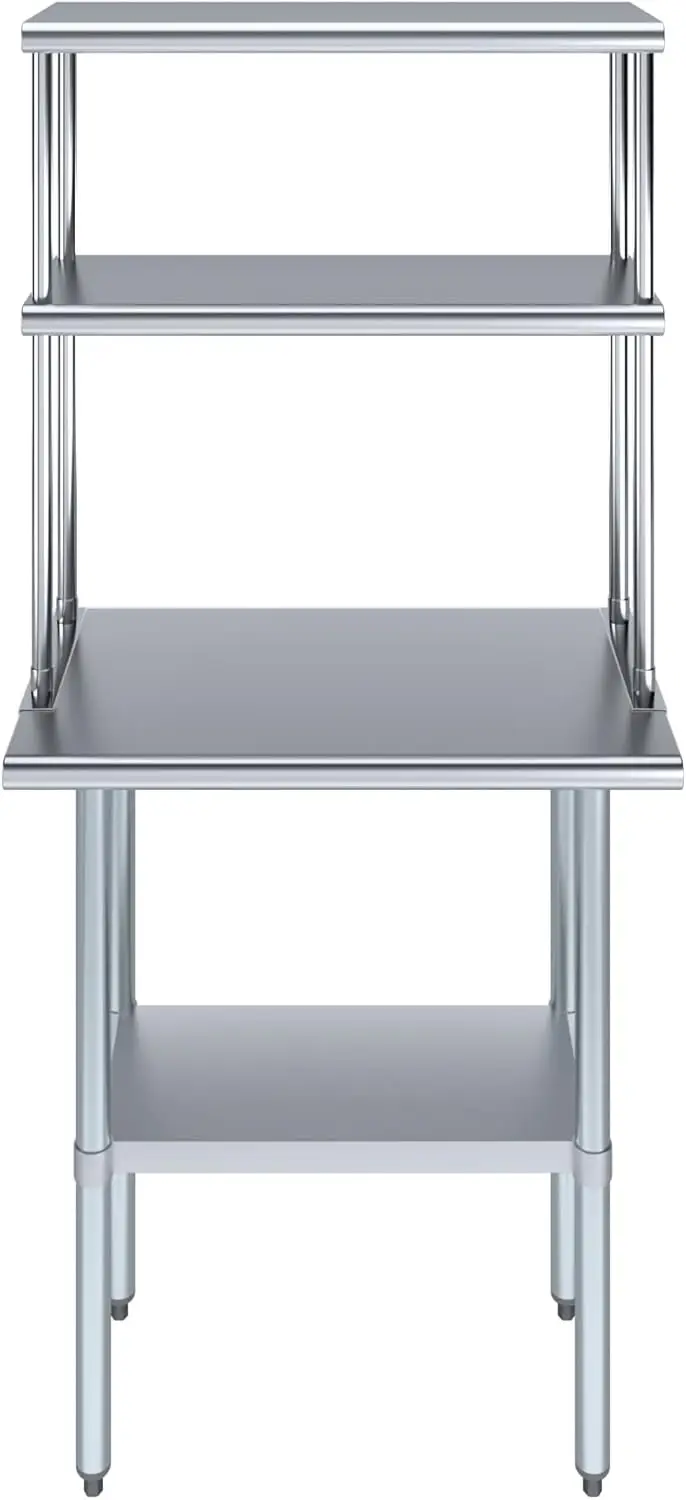 Stainless Steel Work Table with 12" Wide Double Tier Overshelf | Metal Kitchen Prep Table & Shelving Combo | NSF