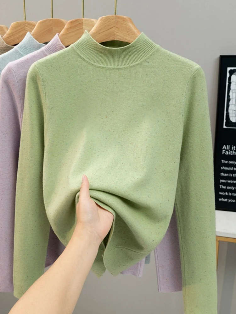 Jersey de manga larga con puntos de Color para mujer, suéter de cuello alto con capa Base Simple y delgada, jerséis de punto suaves y cálidos para Otoño e Invierno