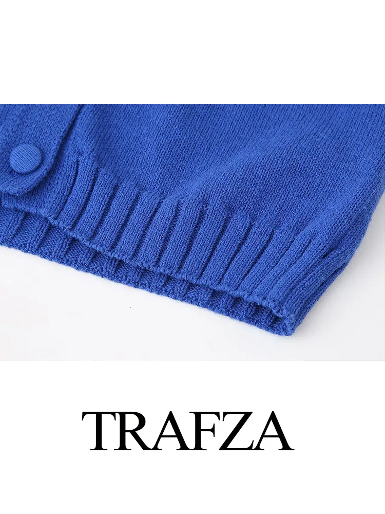 TRAFZA 2024 Cardigan Chic da donna cappotti blu scuro o-collo maniche corte monopetto estivo lavorato a maglia top donna Trendy Traf