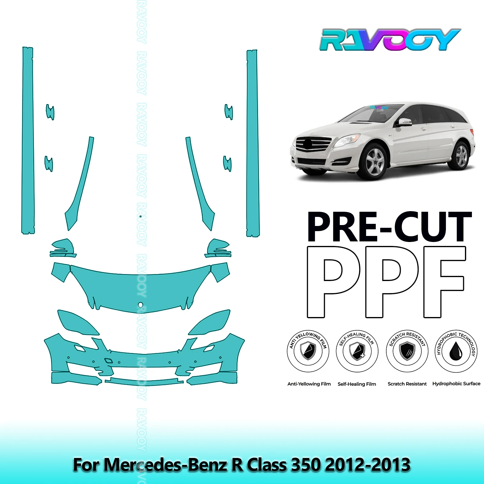 RAVOOY Custom-Fit Precut TPU PPF Front Kit+Rockers Clear Bra Stone Guard EU UK For Mercedes-Benz R Class 350 2012-2013