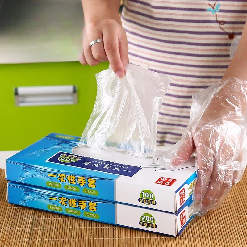 100/200Pcs Plastic Large Disposable Polyethylene Clear Gloves Food Dealing Cooking Cleaning Kitchen Restaurant BBQ Accessory