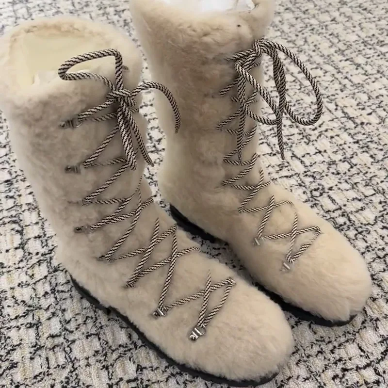 Lamb Wool Tied Snow Boots for Women's Autumn and Winter New Style with Thick Fleece and Warm Midsole Boots, Cotton Shoes