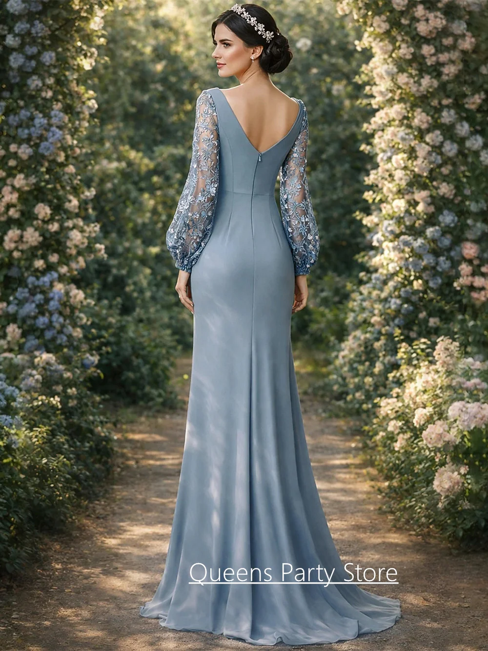 Wedding Party Dresses for Mom of Groom Customized Scoop Neck Puff Sleeves Sweep Train Mermaid Mother of The Bride Dress