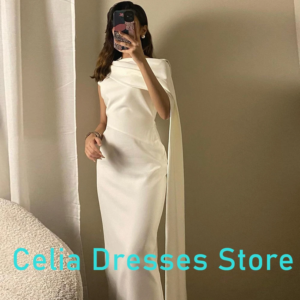 Elegant Jersey One Shoulder Ankle Length Evening Dress Solid Color Pleats Sleeveless Straight Bespoke Occasion Gown Saudi Arabia