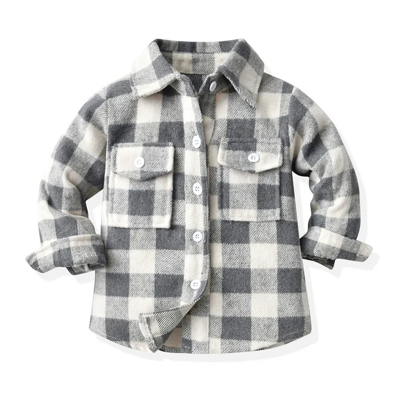 Boy Girl Long Sleeve Flannel Plaid Shirt Classic Kid Baby Toddler Children Lapel Coat Button Down Pocketed Outwear Causal Jacket