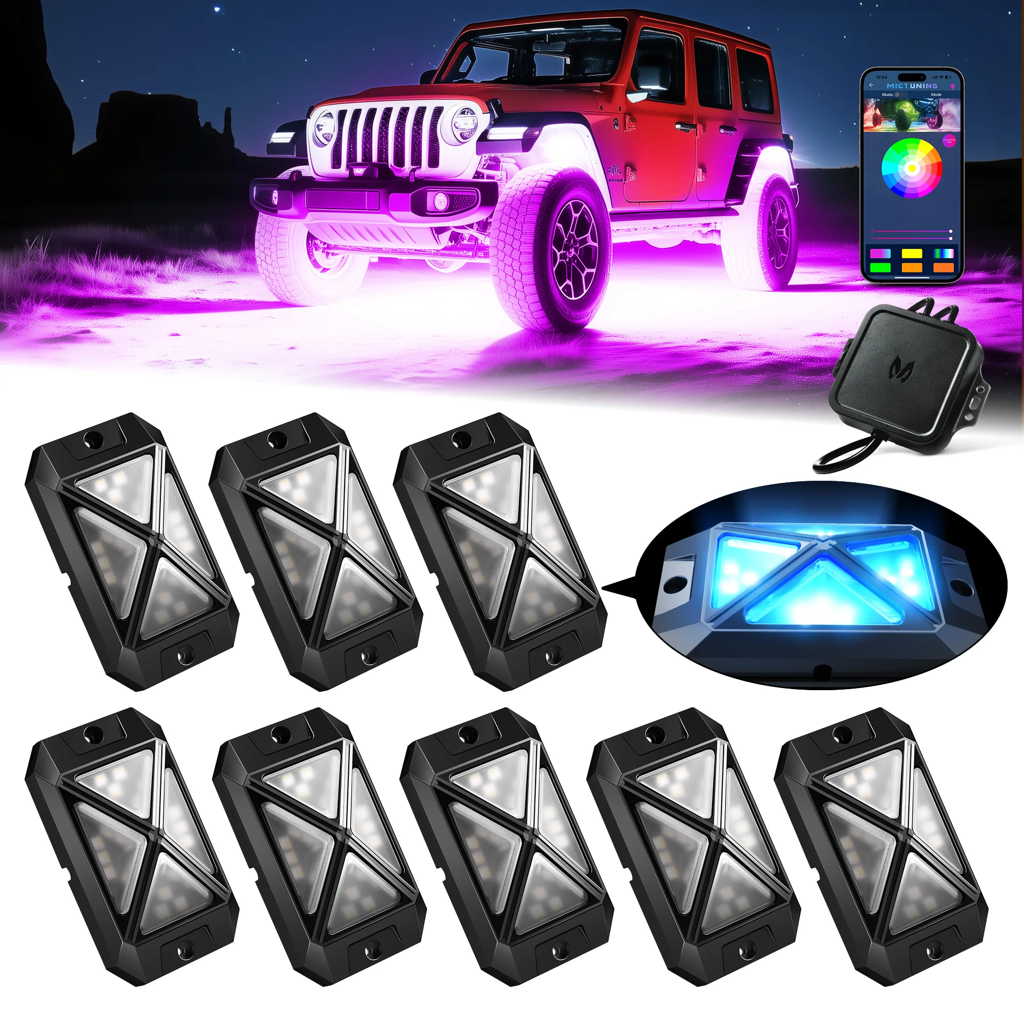 MICTUNING C4 RGBW LED Rock Lights, 8 Pods Underglow Neon Accent Lighting Kit, Unique 4-Sided Design, App Control Music Mode IP68