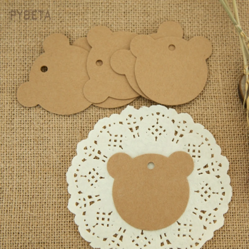 200pcs/lot- 6*6cm  Lovely Kraft Paper Bear labels Blank White Paper Black paper cards hangtag with hole party decoration