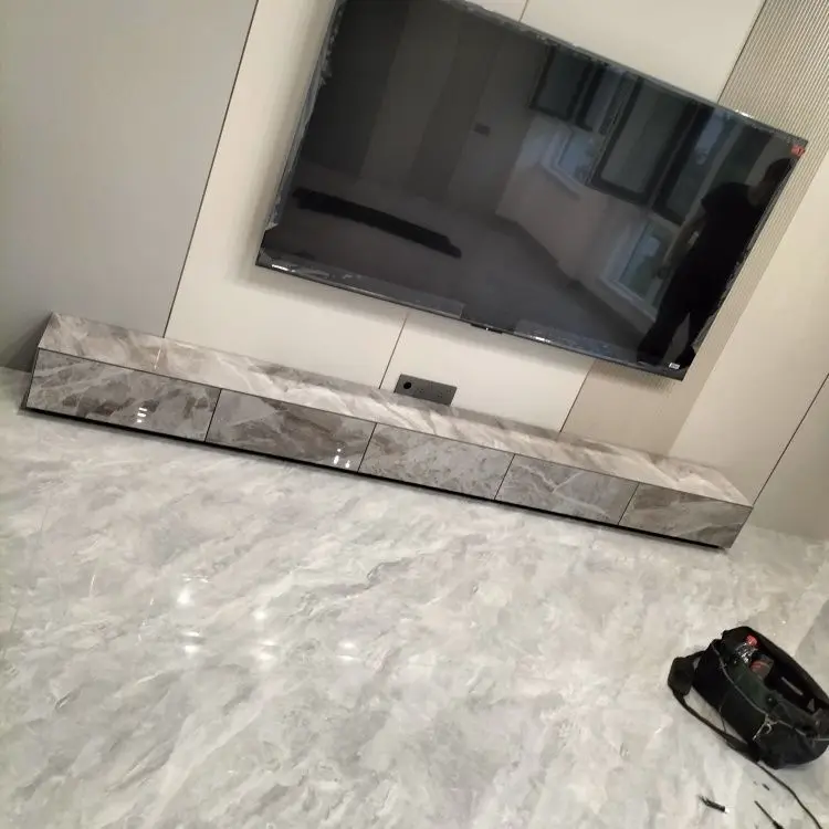Living room floor bright marble rock slab TV cabinet with drawer hanging TV cabinet ground cabinet hanging