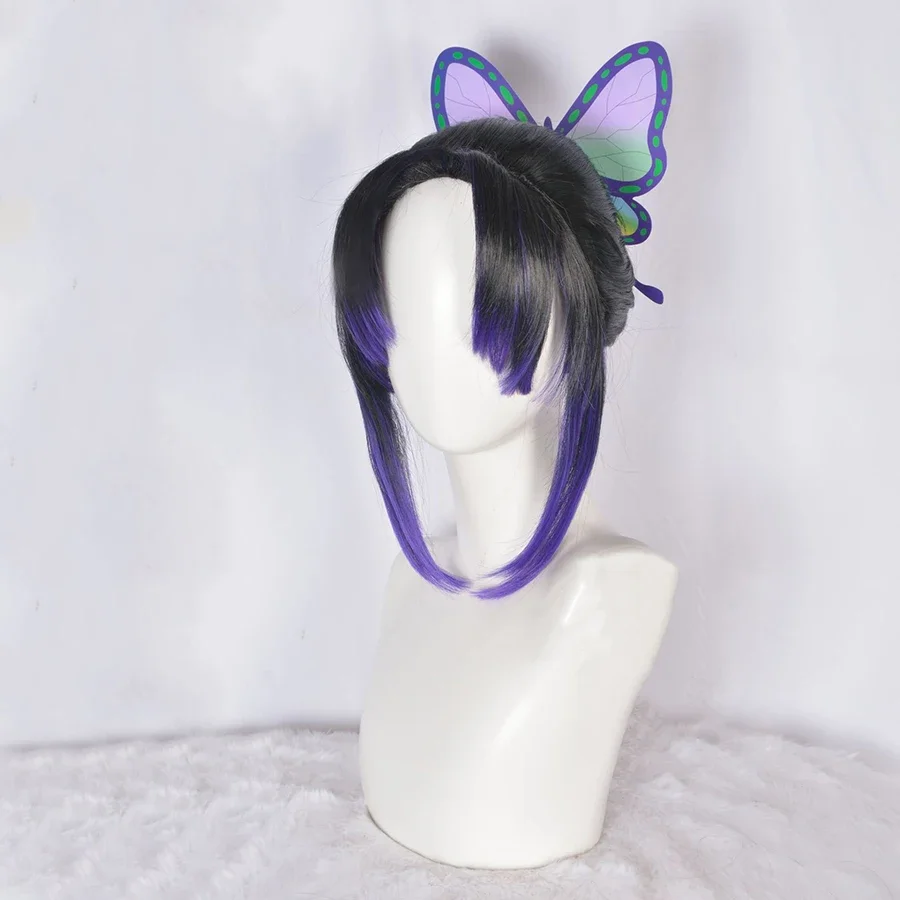 Demon Slayer Kochou Shinobu Cosplay Pruik Kimetsu No Yaiba Anime Cosplay Zwart Paars Pruik Headwear Hittebestendig Haar Vrouwen Pruiken